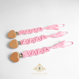 Crochet Macramé Baby Pacifier Clip-On Holder Wooden Heart-Shaped Pink