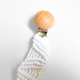 Crochet Macramé Baby Pacifier Clip-on Holder Wooden Round White