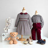 Girls Long Sleeve Dress Gingham Burgundy & Navy Blue