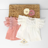 Girls Blouse Lovely Ruffled Scalloped Cap Sleeves Bohemian Blush