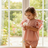 Girls Blouse Lovely Ruffled Scalloped Cap Sleeves Bohemian Blush