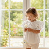 Girls Blouse Lovely Ruffled Scalloped Cap Sleeves Bohemian White
