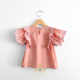 Girls Blouse Lovely Ruffled Scalloped Cap Sleeves Bohemian Blush