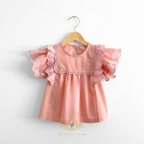 Girls Blouse Lovely Ruffled Scalloped Cap Sleeves Bohemian Blush