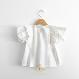 Girls Blouse Lovely Ruffled Scalloped Cap Sleeves Bohemian White