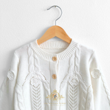Girls Cardigan Sweater Knitted Flowers White
