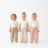 Girls Corduroy Pants Sweet Embroidered Flowers Elastic Waistband Tan