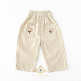 Girls Corduroy Pants Sweet Embroidered Flowers Elastic Waistband Cream