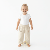 Girls Corduroy Pants Sweet Embroidered Flowers Elastic Waistband Cream