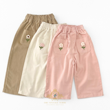 Girls Corduroy Pants Sweet Embroidered Flowers Elastic Waistband Pink