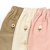 Girls Corduroy Pants Sweet Embroidered Flowers Elastic Waistband Pink