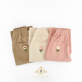 Girls Corduroy Pants Sweet Embroidered Flowers Elastic Waistband Pink