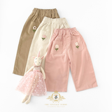 Girls Corduroy Pants Sweet Embroidered Flowers Elastic Waistband Pink