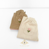 Girls Corduroy Pants Sweet Embroidered Flowers Elastic Waistband Cream