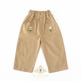 Girls Corduroy Pants Sweet Embroidered Flowers Elastic Waistband Tan