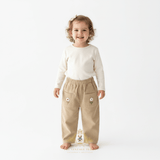 Girls Corduroy Pants Sweet Embroidered Flowers Elastic Waistband Tan