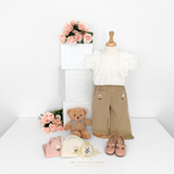 Girls Corduroy Pants Sweet Embroidered Flowers Elastic Waistband Tan