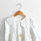 Girls Long Sleeve Eyelet Embroidered Lace Bib Collar Dress White