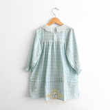 Girls Long Sleeve Eyelet Embroidered Lace Bib Collar Dress Plaid