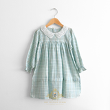 Girls Long Sleeve Eyelet Embroidered Lace Bib Collar Dress Plaid