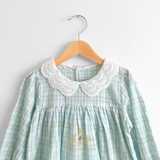 Girls Long Sleeve Eyelet Embroidered Lace Bib Collar Dress Plaid