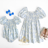 Girls Bohemian Nap Smocking Floral Romper Bubble Cream & Blue
