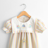 Girls Embroidered Bib Collar Dress Sunshine Stripes & Sailboats