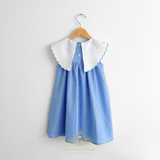 Girls Embroidered Bib Collar Dress Blue Gingham & Yellow Ducky