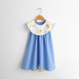 Girls Embroidered Bib Collar Dress Blue Gingham & Yellow Ducky