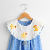 Girls Embroidered Bib Collar Dress Blue Gingham & Yellow Ducky