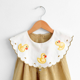 Girls Embroidered Bib Collar Dress Golden Gingham & Yellow Ducky