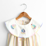 Girls Embroidered Bib Collar Sleeveless Dress Sunshine Stripes & Sailboats