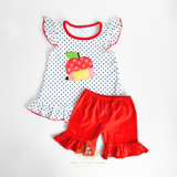 Girls Top & Shorts Matching Set Embroidered Patchwork Apple & Pencil