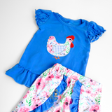 Girls Top & Shorts Matching Set Embroidered Patchwork Little Hen