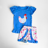 Girls Top & Shorts Matching Set Embroidered Patchwork Little Hen