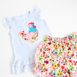 Girls Top & Shorts Matching Set Embroidered Patchwork Little Hen Pink