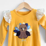 Girls Long Sleeve Romper One-Piece Embroidered Patchwork Little Turkey