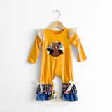 Girls Long Sleeve Romper One-Piece Embroidered Patchwork Little Turkey