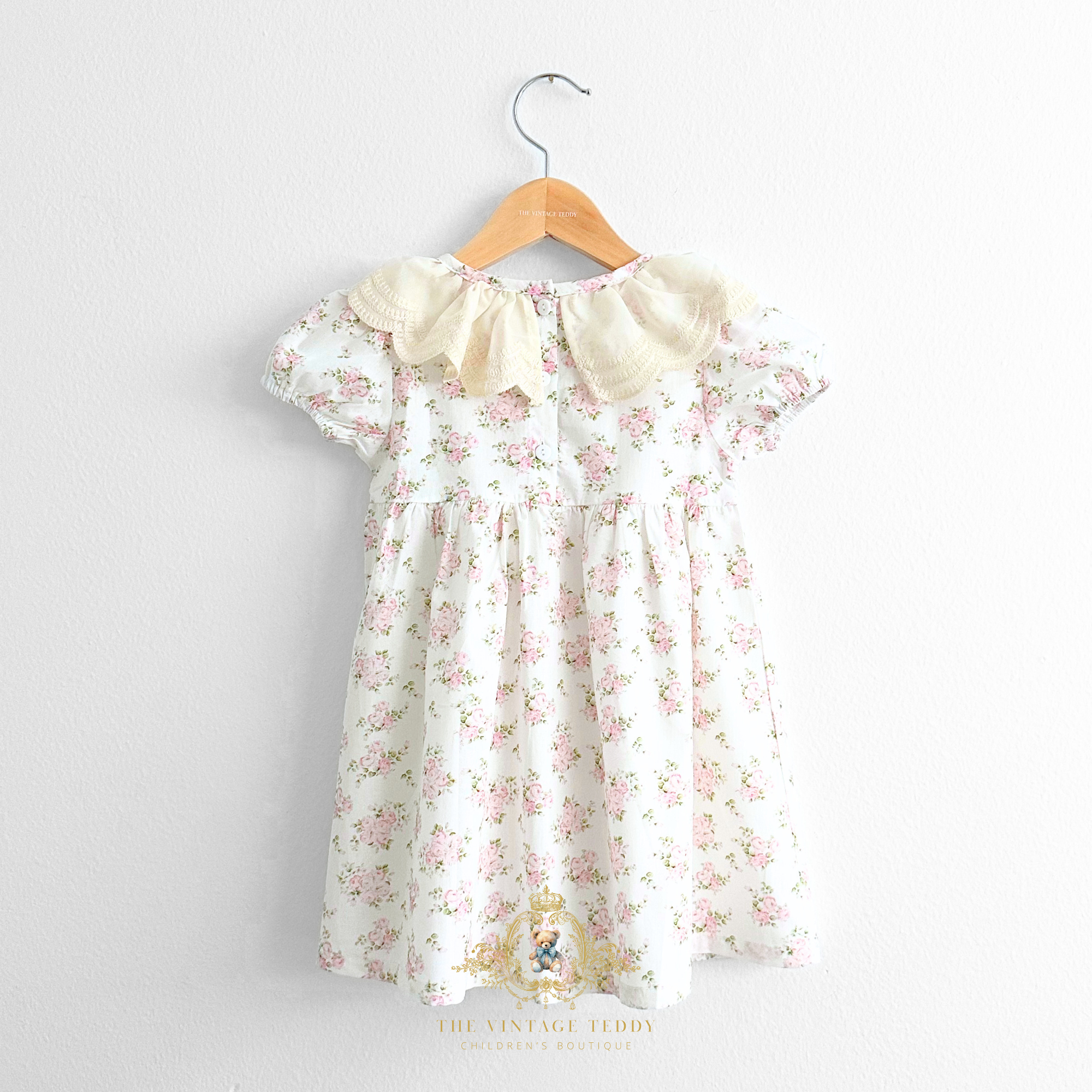 Girls Embroidered Lace Bib Collar Floral Roses Dress Pink & Cream 2T Girls Embroidered Lace Bib Collar Floral Roses Dress Pink & Cream 2T