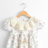 Girls Embroidered Lace Bib Collar Floral Roses Dress Pink & Cream
