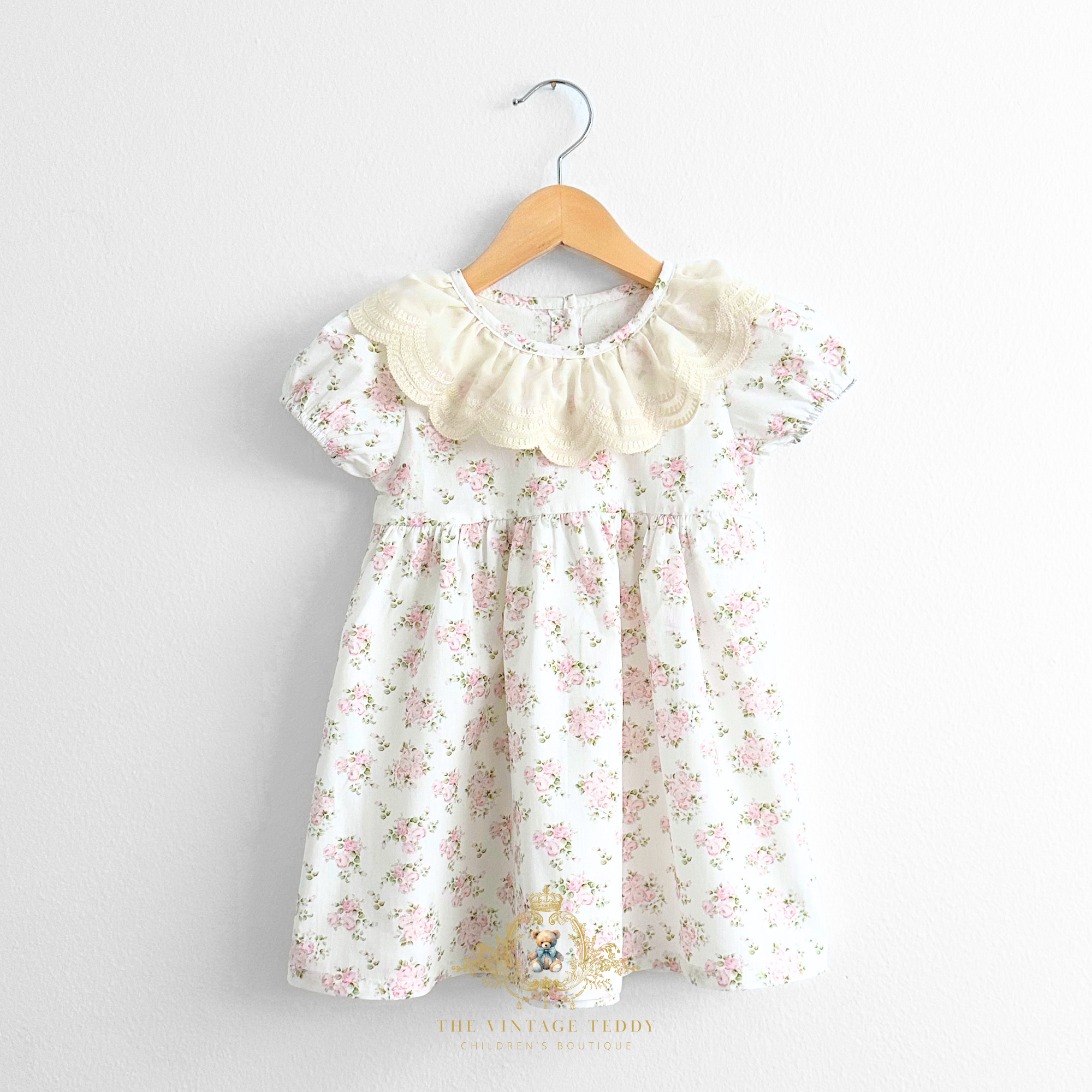 Girls Embroidered Lace Bib Collar Floral Roses Dress Pink & Cream 2T Girls Embroidered Lace Bib Collar Floral Roses Dress Pink & Cream 2T