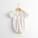 Girls Embroidered Lace Bib Collar Floral Roses Romper Bubble Pink & Cream