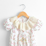 Girls Embroidered Lace Bib Collar Floral Roses Romper Bubble Pink & Cream