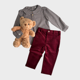 Boys Long Sleeve Dress Shirt & Pants Matching Set Gingham Burgundy & Navy Blue