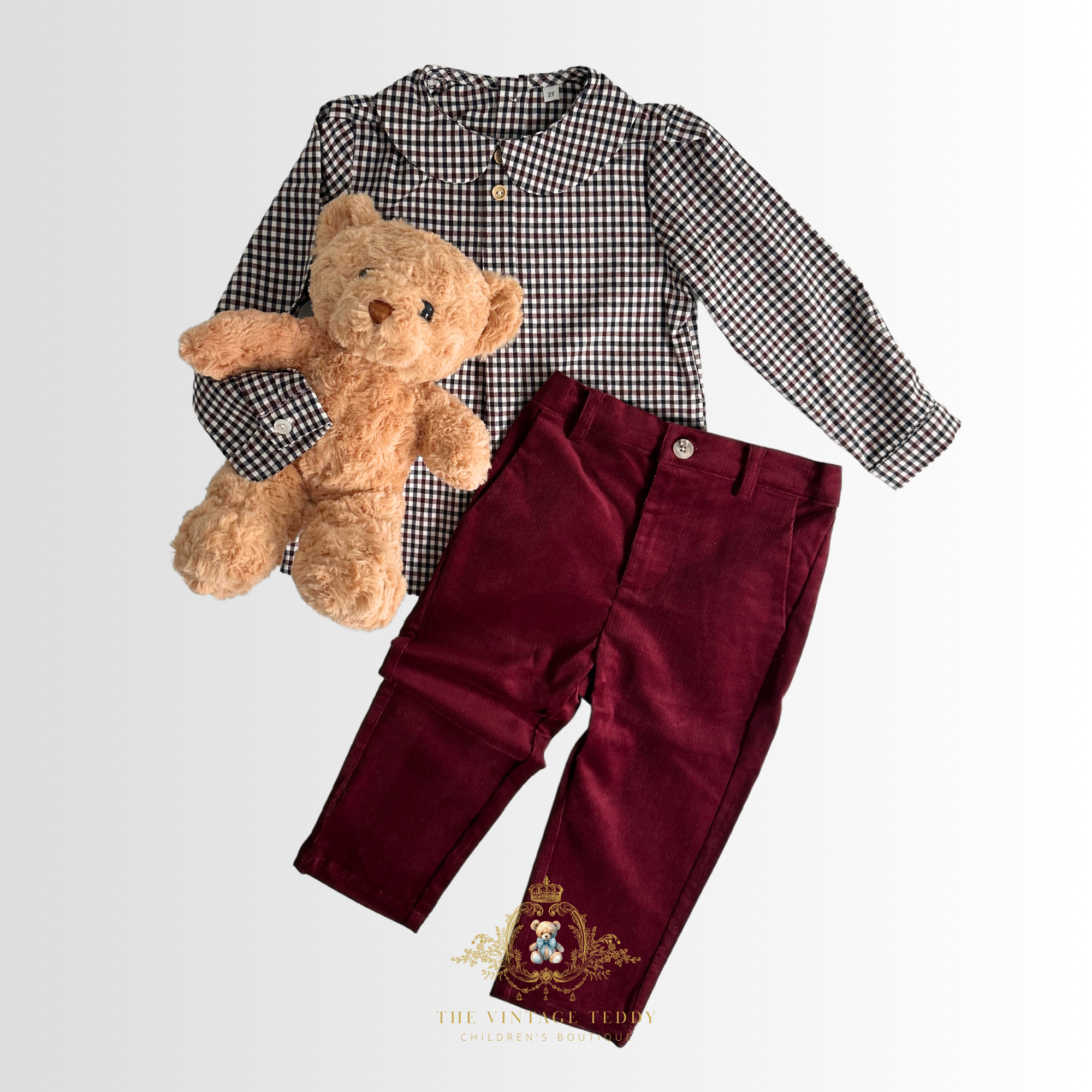 Boys Long Sleeve Dress Shirt & Pants Matching Set Gingham Burgundy & Navy Blue 3T
