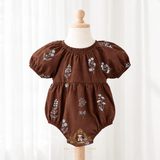 Girls Embroidered Romper Floral Brown & Baby Blue
