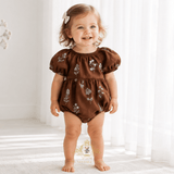 Girls Embroidered Romper Floral Brown & Baby Blue