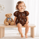 Girls Embroidered Romper Floral Brown & Baby Blue