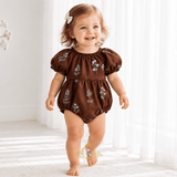 Girls Embroidered Romper Floral Brown & Baby Blue