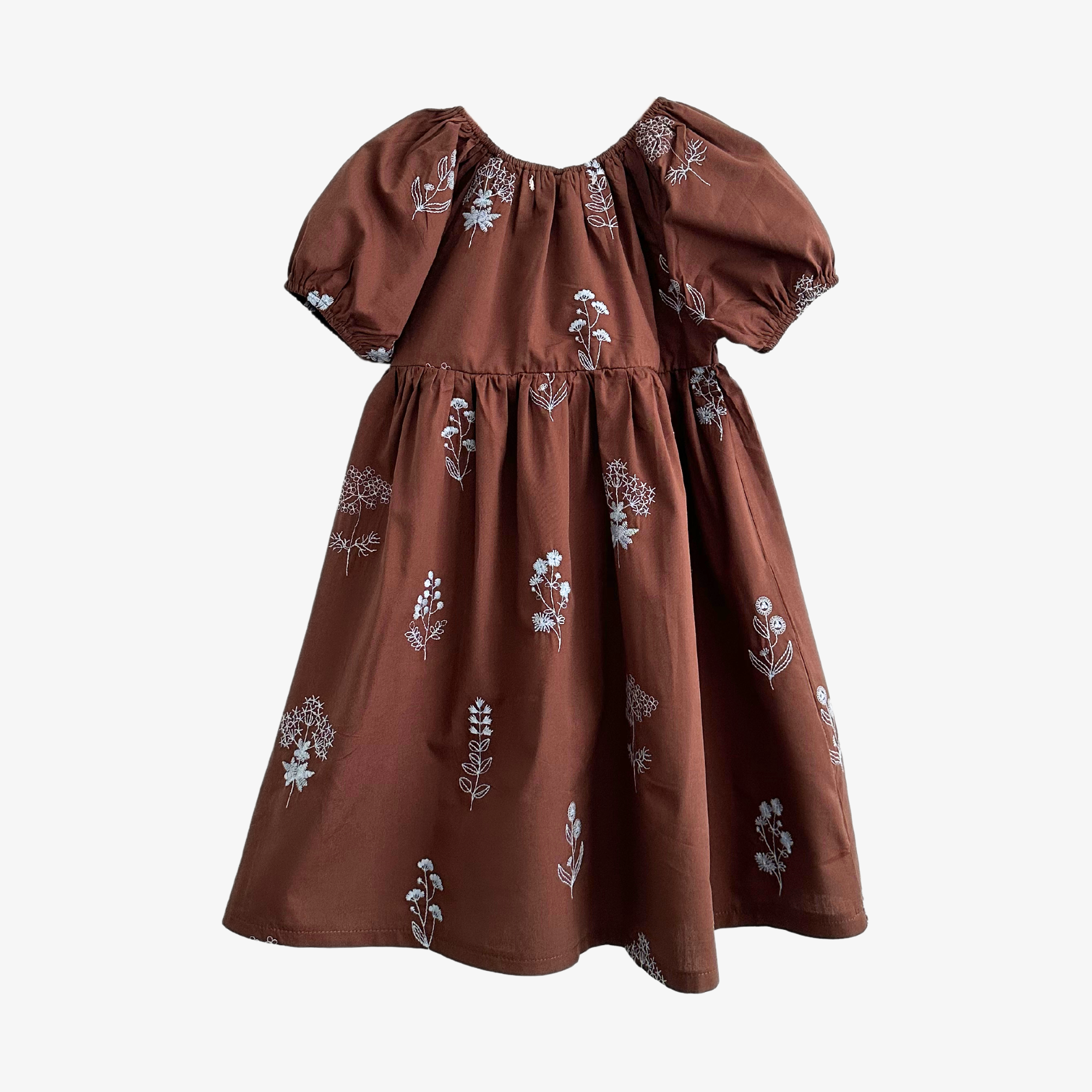 Girls Embroidered Dress Floral Brown & Baby Blue 6Y Girls Embroidered Dress Floral Brown & Baby Blue 6Y